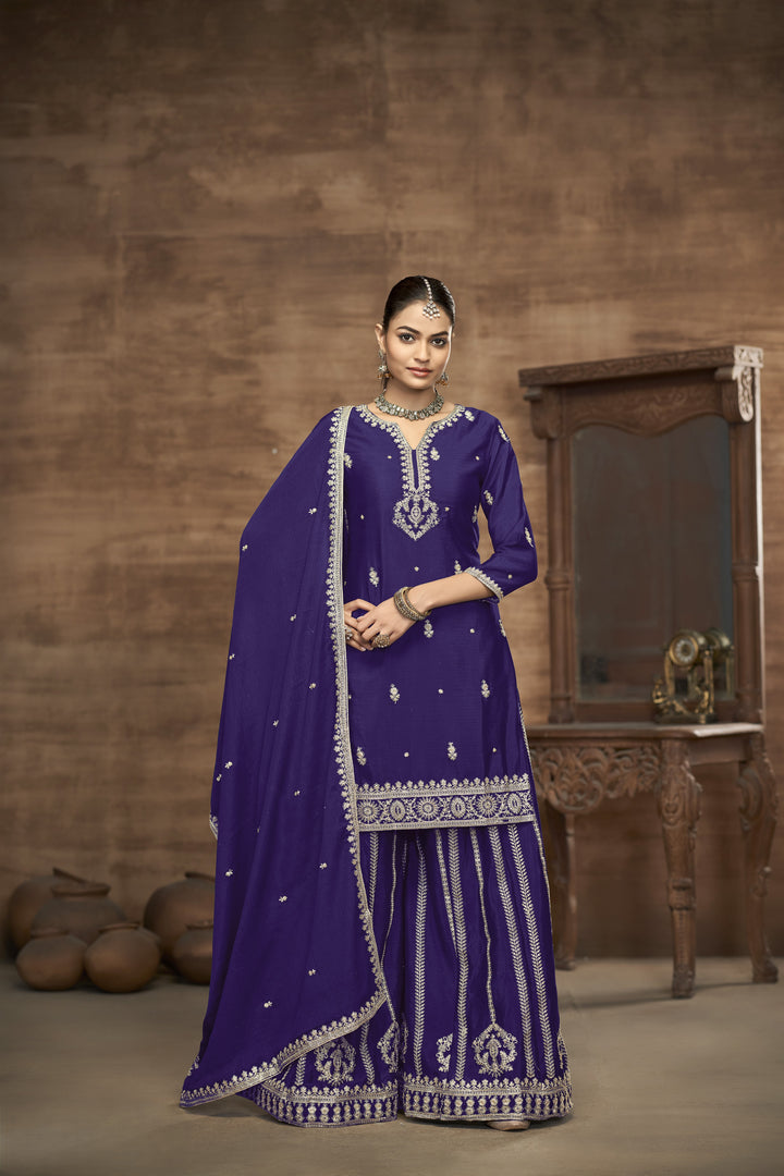 Purple Color Chinnon With Embroidery And Sequins Work Top And Plazo