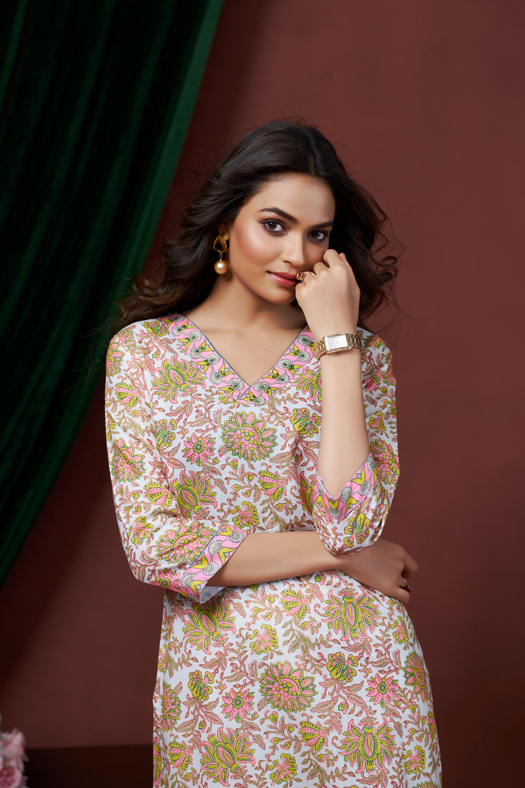 White and Pink Color Cotton Lilen With Print And Embroidery Work Kurti