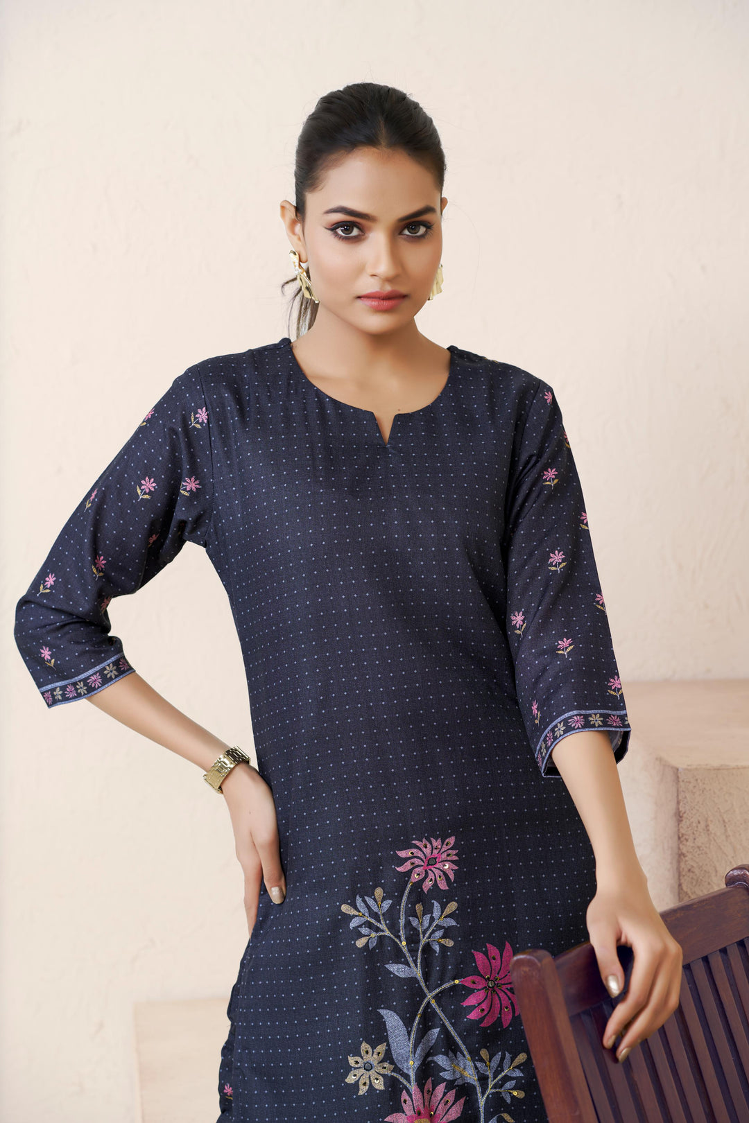 Navy Blue Color Cotton Lilen With Print And Embroidery Work Kurti
