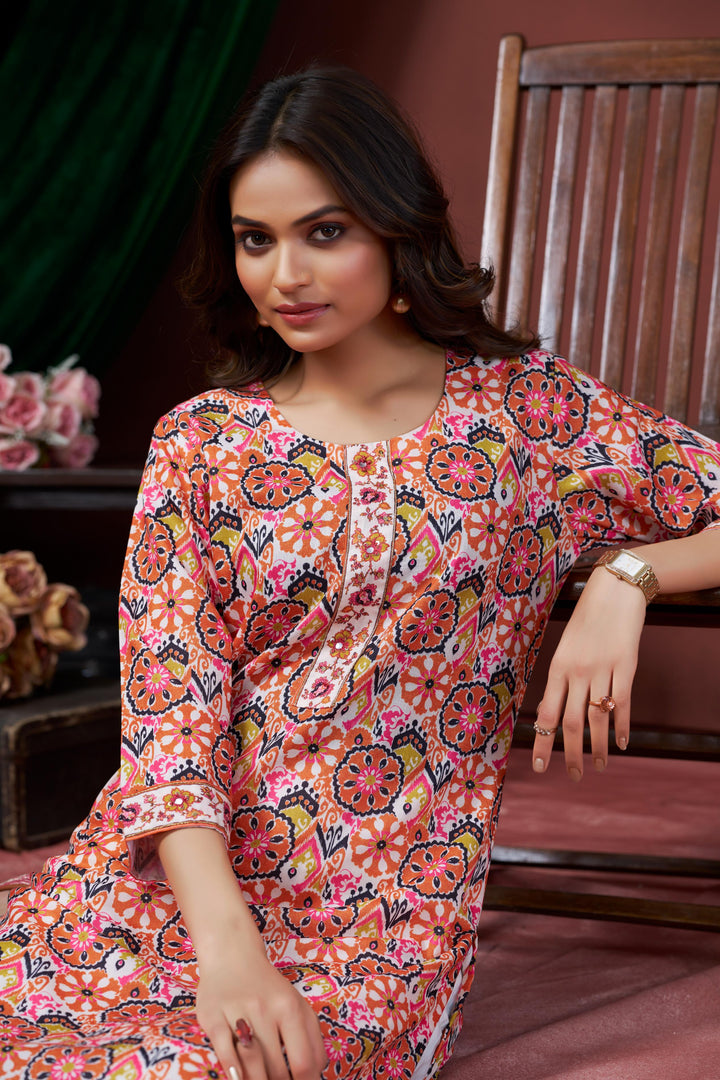 Peach Color Cotton Lilen With Print And Embroidery Work Kurti