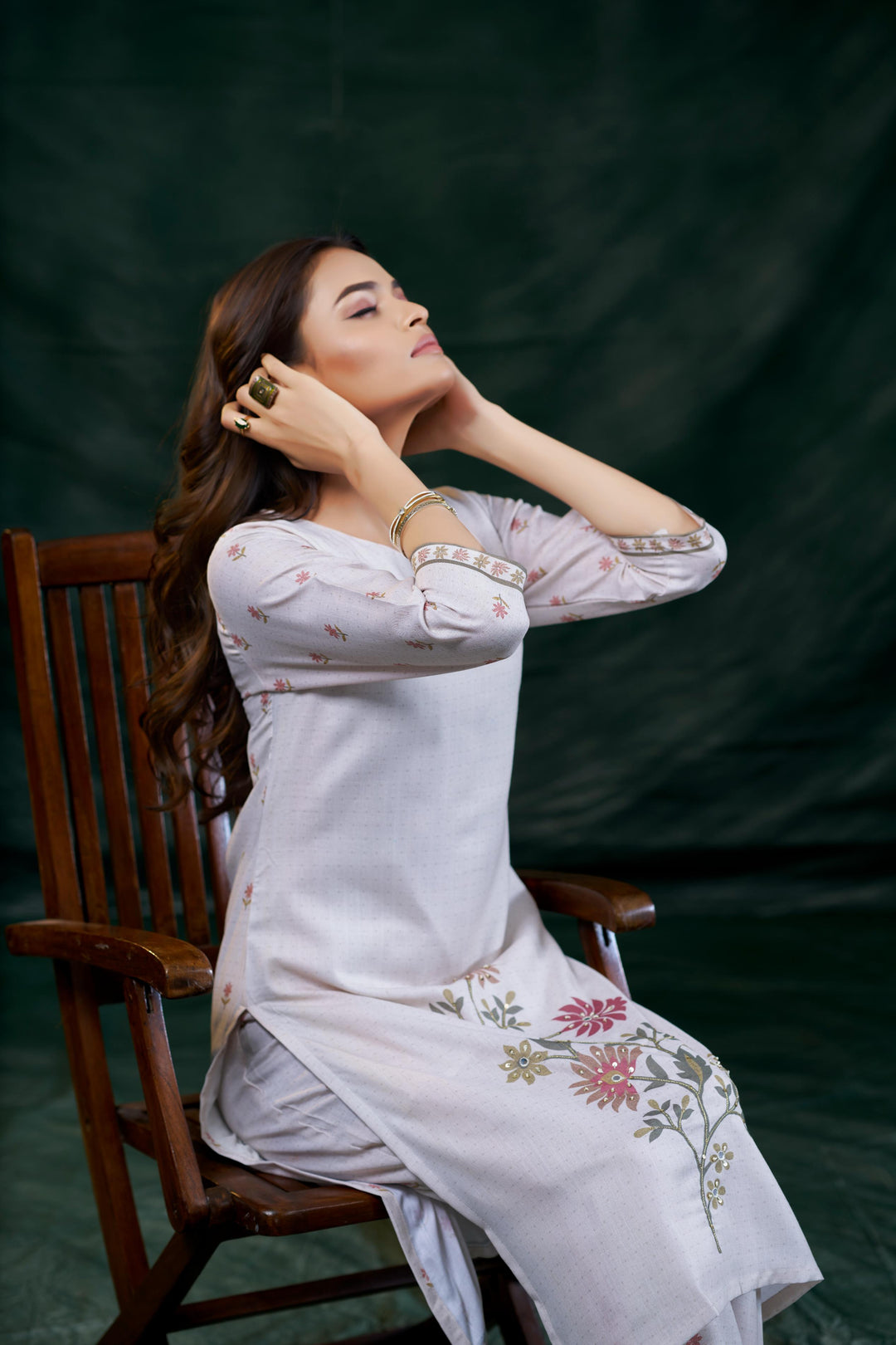 White Color Cotton Lilen With Print And Embroidery Work Kurti