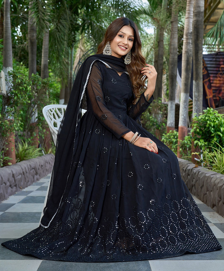 Indian Partywear Black Georgette Anarkali Gown With Heavy Embroidery Sequence Work And Dupatta For Women, Designer Gown,Traditional Dress