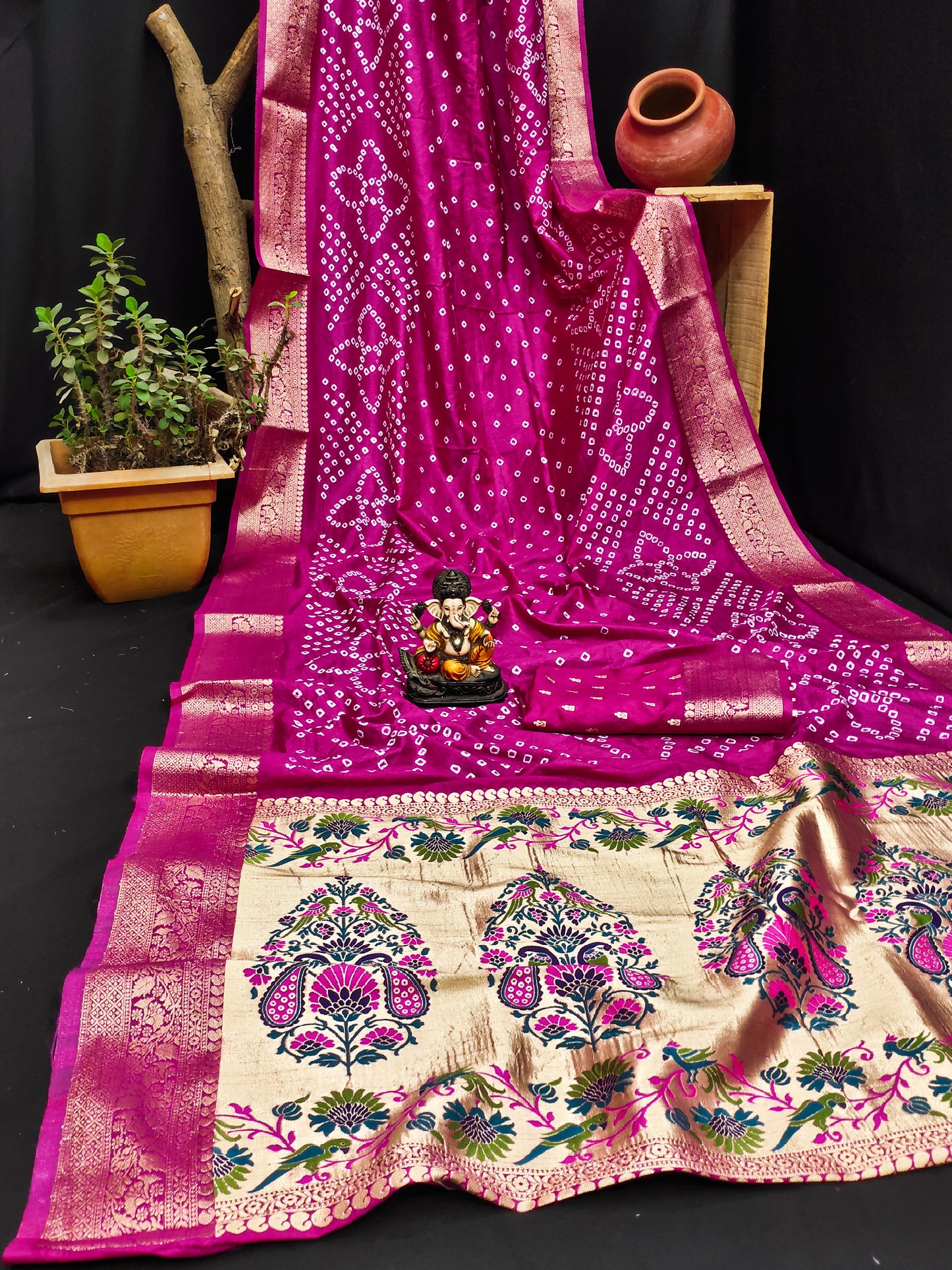 Pink Subhadra Bandhej Kanjivaram Silk Saree With Kanjivaram Border With Zari Paithani Rich Pallu