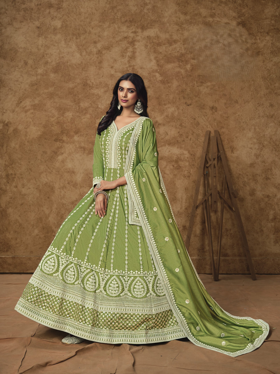 Green Color Dolla Silk With Embroidery And Sequins Work Anarkali Dress