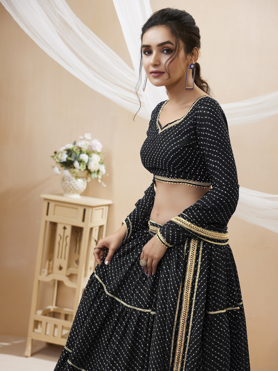 Black color Georgette Leheriya Printed with lace all over work  Lehenga Choli