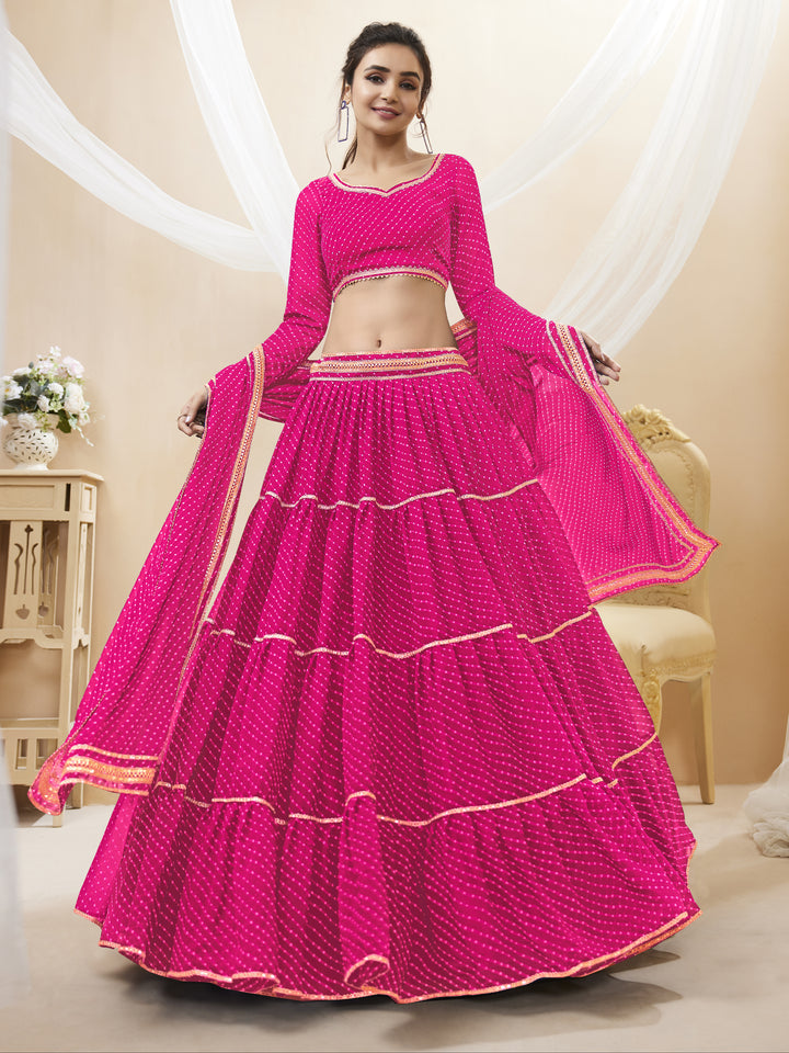Pink color Georgette Leheriya Printed with lace all over work Lehenga Choli