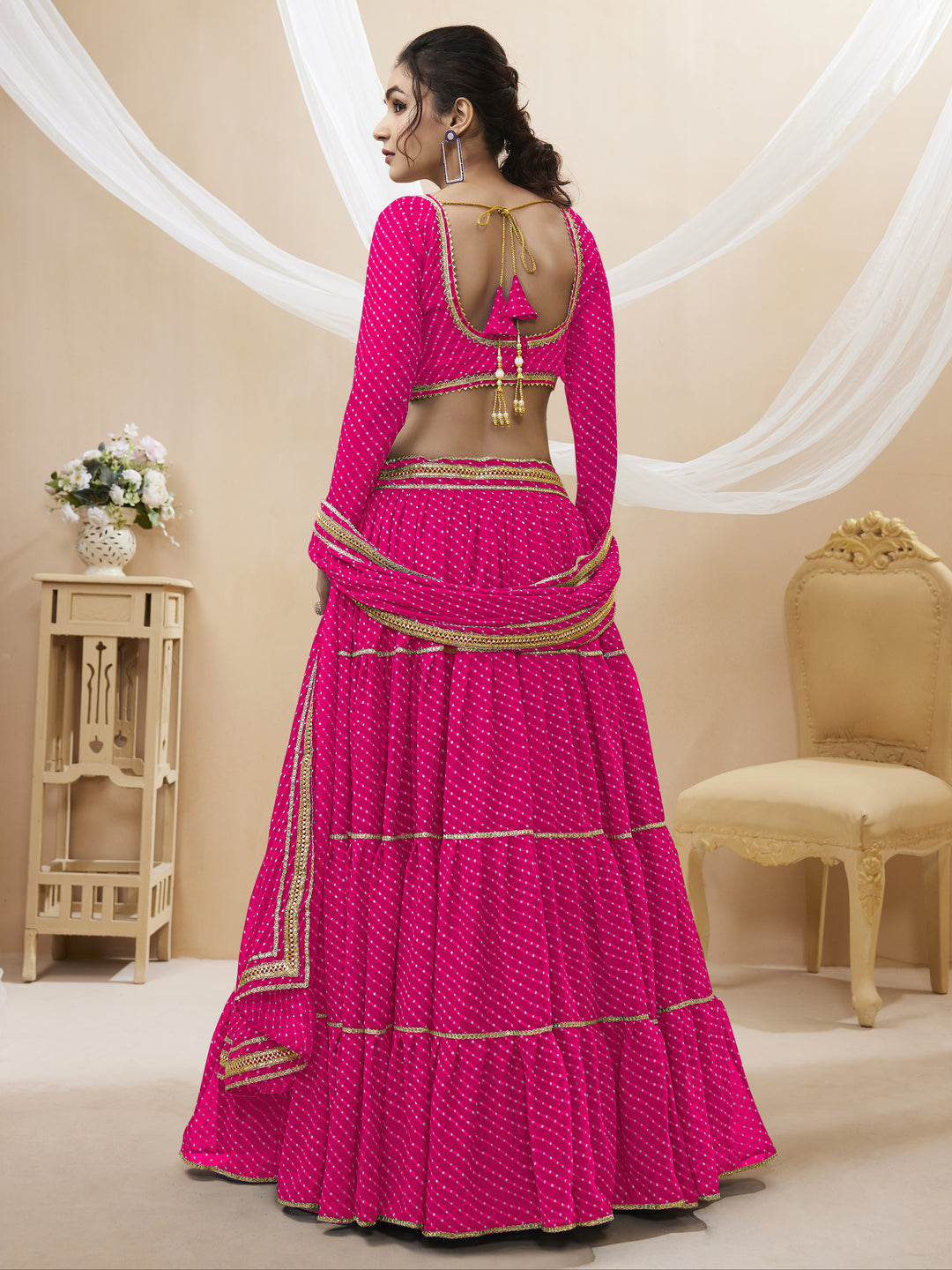 Pink color Georgette Leheriya Printed with lace all over work Lehenga Choli
