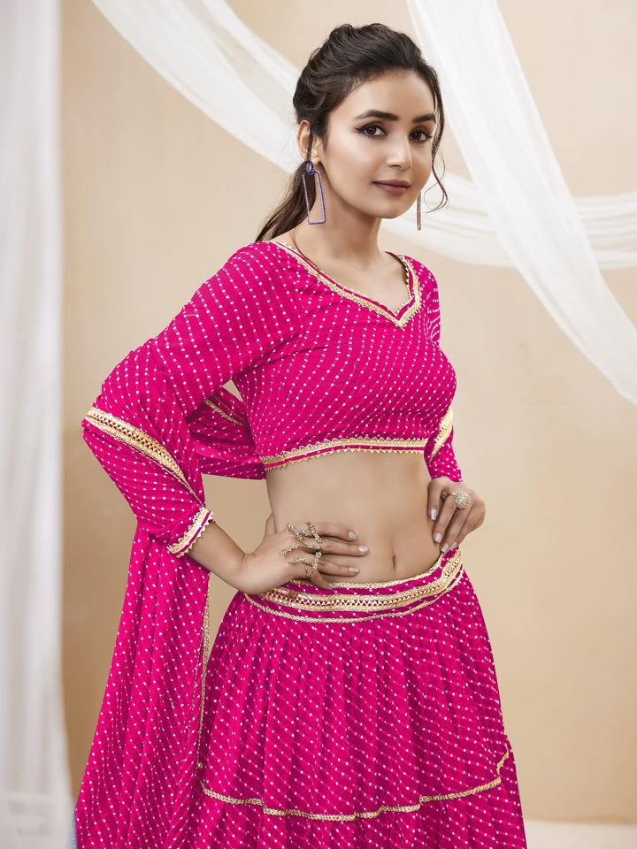 Pink color Georgette Leheriya Printed with lace all over work Lehenga Choli