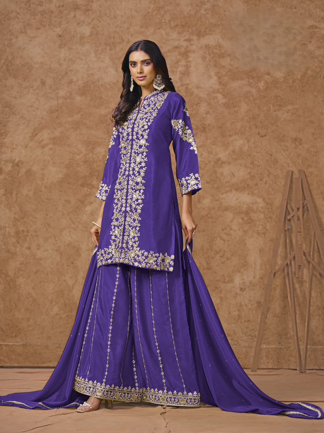 Purple Color Chinnon With Embroidery And Sequins Work Top And Plazo