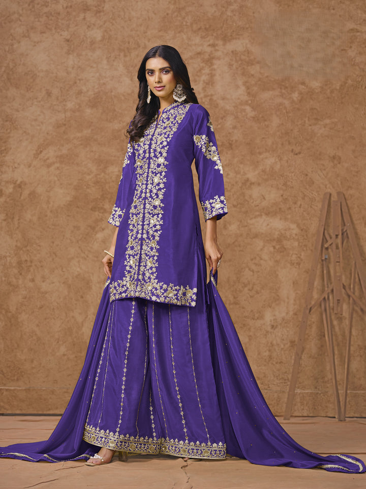 Purple Color Chinnon With Embroidery And Sequins Work Top And Plazo