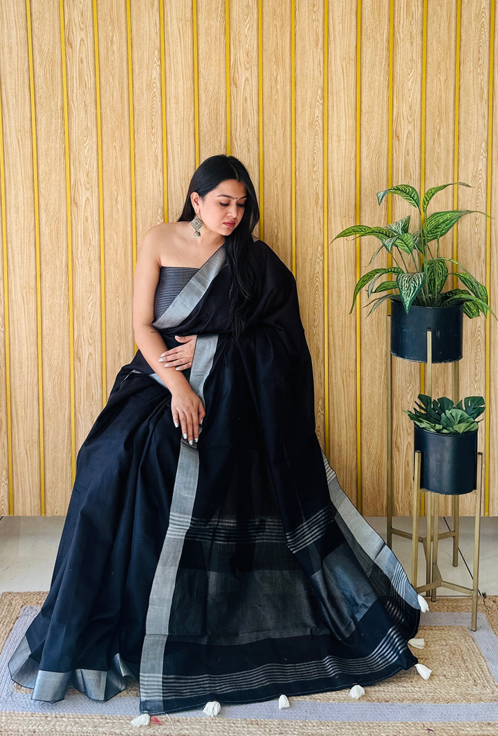 Black Amanat Linen Cotton Saree With Silver Jari Border And Silver Border Blouse
