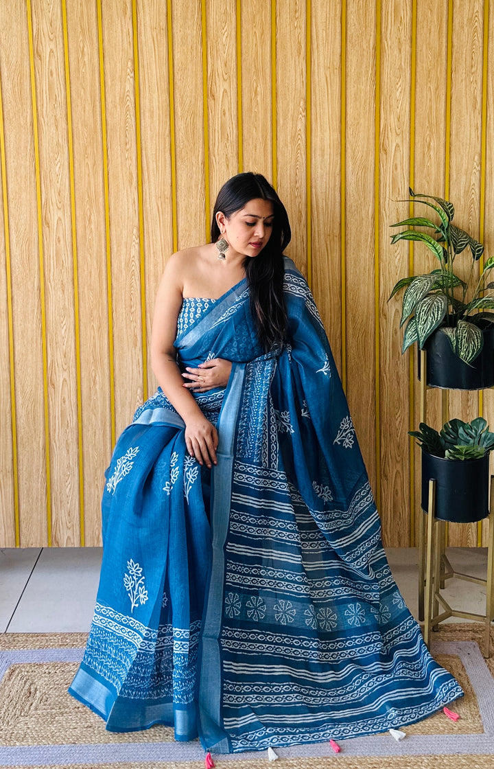 Navy Blue Sampurna Soft Linen Cotton Digital Print Saree With Batik Print With Silver Border