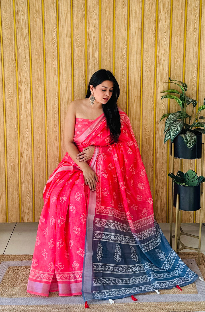 Red And Gray Khushboo Soft Linen Cotton Digital Print Sarees With Batik Print With Silver Border
