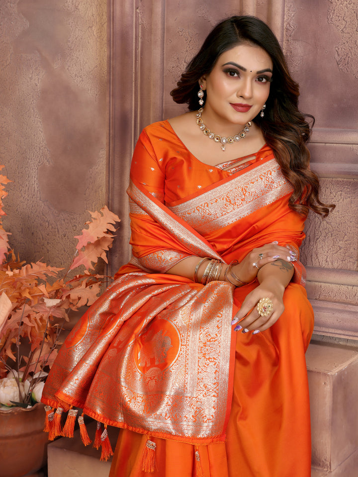 Orange Rani Banarasi silk sarees saree with beautiful Gala weaving exclusive work soft comfy