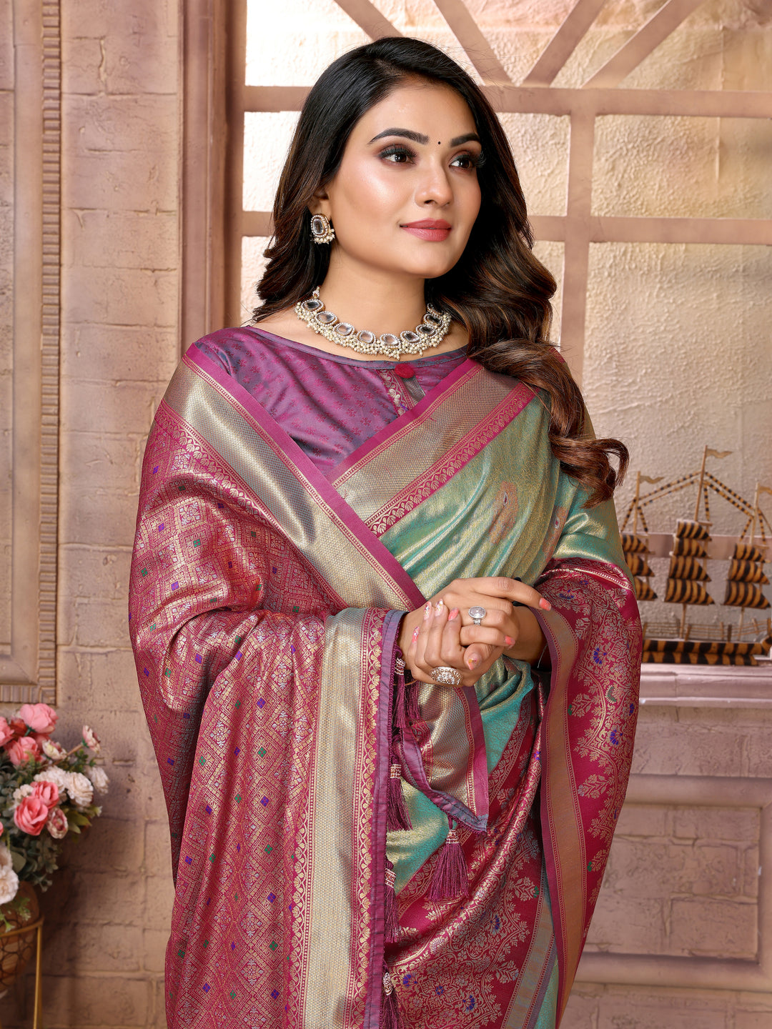 Rama Sundari Banarasi Tissue Silk Saree With Contrast Banarasi Woven Borders & Pallu