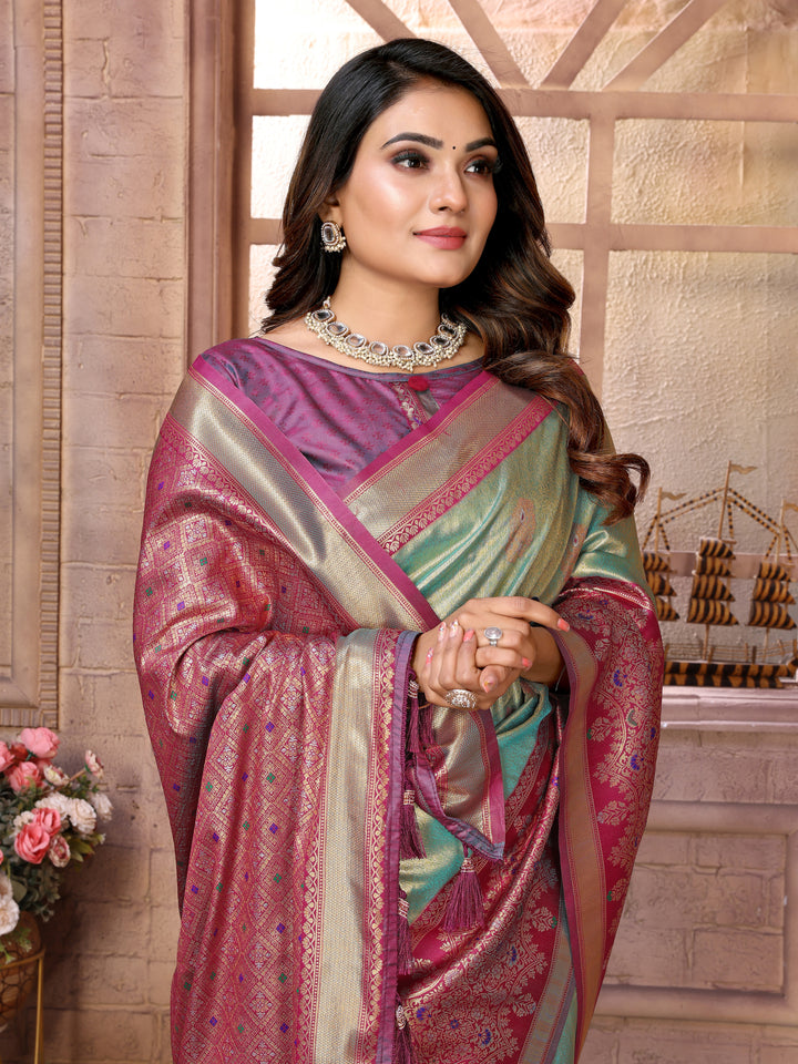 Rama Sundari Banarasi Tissue Silk Saree With Contrast Banarasi Woven Borders & Pallu