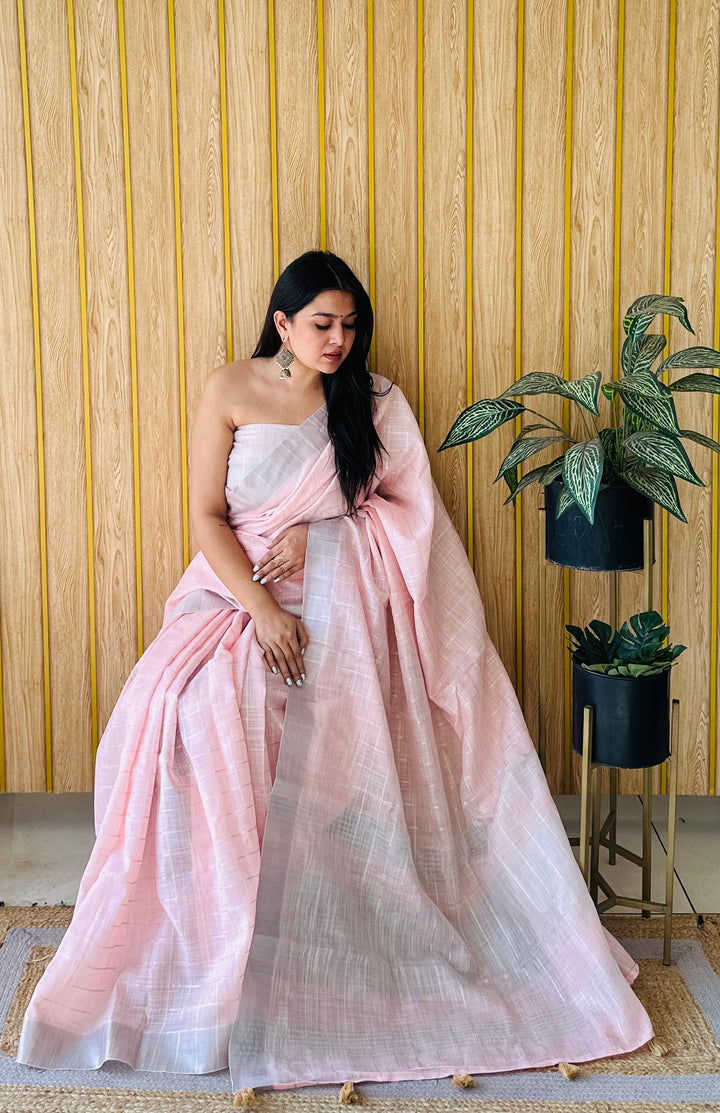Pink Ridhdhi Linen Chex Concept Sarees With Ached Weaving All Over Saree