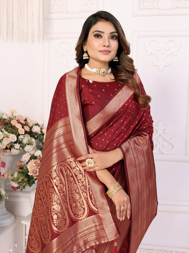 Maroon Sudarshana Soft Silk Saree With Weaving Butties & weaving Zari Border And Rich Pallu