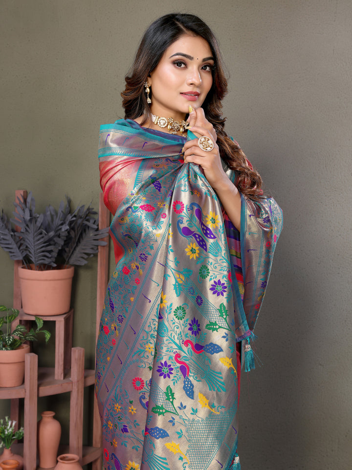 Peach Mrudangi Pure Banarasi Tissue silk sarees contrast Paithani woven border classic pallu
