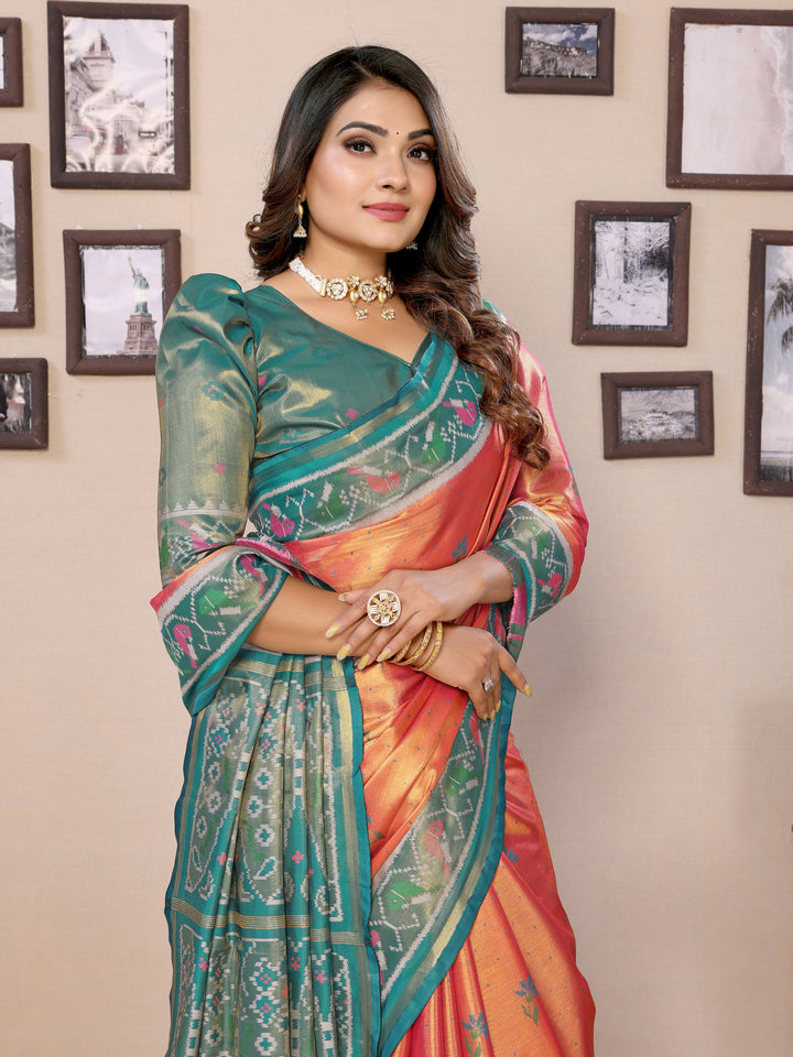 Orange Surekha Banarasi Silk Saree With Contrast Patola Woven Borders & Pallu