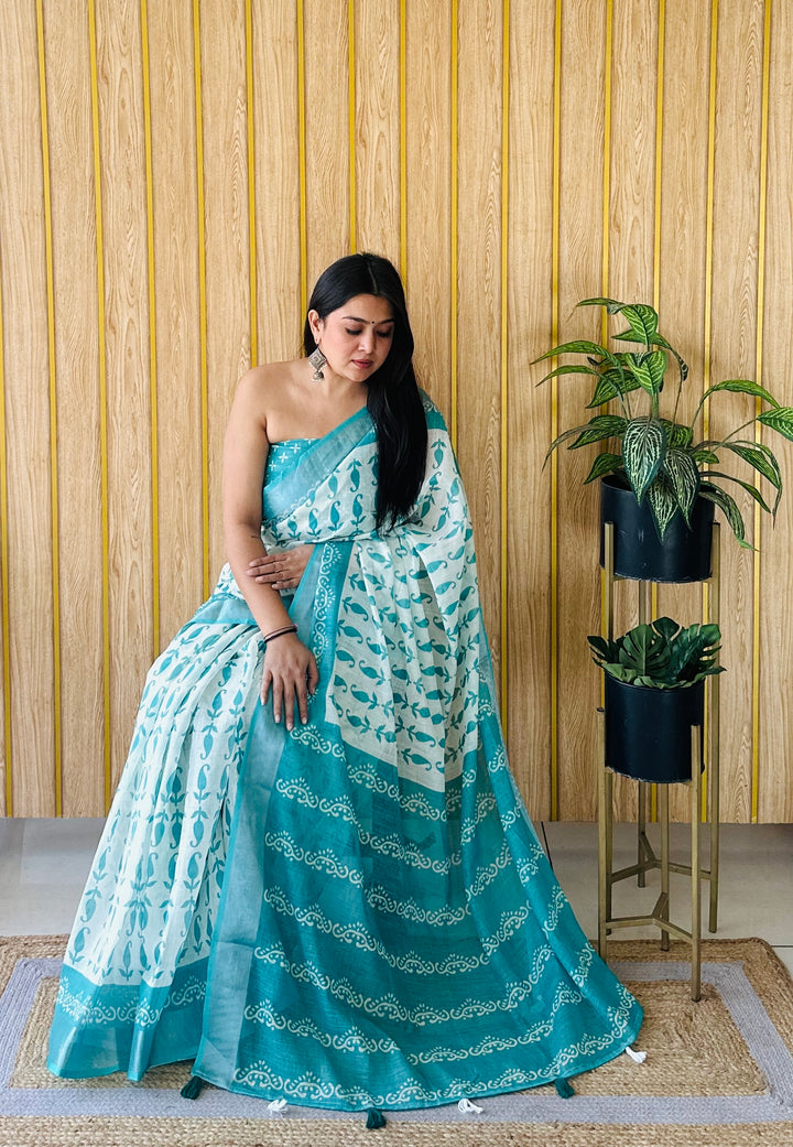 Sky Blue Aarya-3 Soft Linen Cotton Digital Print Sarees With Batik Print With Silver Border