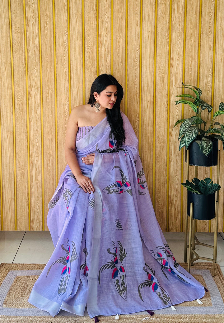 Purple Muskan Soft Linen Cotton Digital Print Sarees With Batik Print With Silver Border