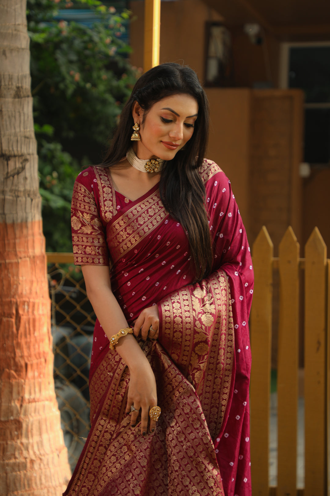 Wine Toral Bandhej Kanjivaram Silk Saree Kanjivaram Border With Zari Weaving Rich Pallu