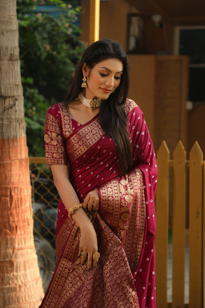 Wine Toral Bandhej Kanjivaram Silk Saree Kanjivaram Border With Zari Weaving Rich Pallu