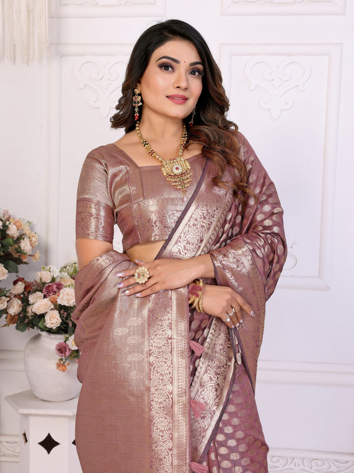 Brown Aruni Soft Organza Silk Banarasi Saree With Unique Butta With Unique Colours