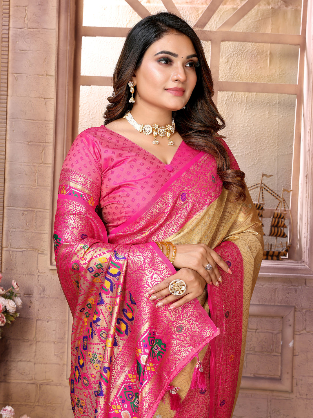Beige-Pink Vimala Banarasi Silk Saree With Contrast Paithani Woven Borders & Pallu