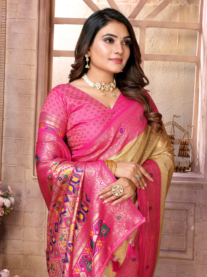 Beige-Pink Vimala Banarasi Silk Saree With Contrast Paithani Woven Borders & Pallu