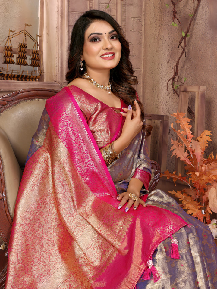 Blue Vanita Tissue Silk Saree Zari Designs and Contrast Zari Borders & Rich Pallu