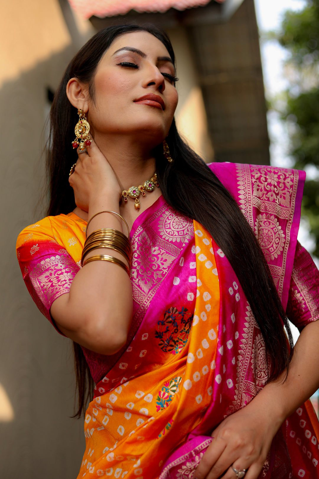Yellow-Pink Ishani Pure Bandhej Silk Saree Minakari Weaving Butta With Zari