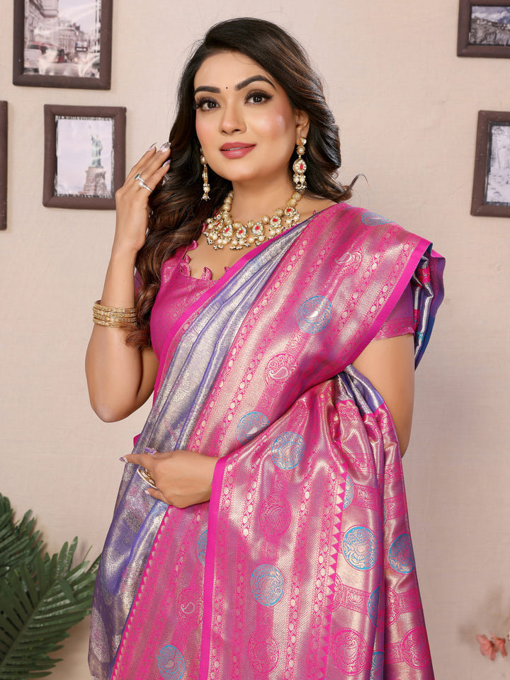 Purple Sonali Banarasi Silk Saree With Contrast Paithani Woven Borders & Pallu