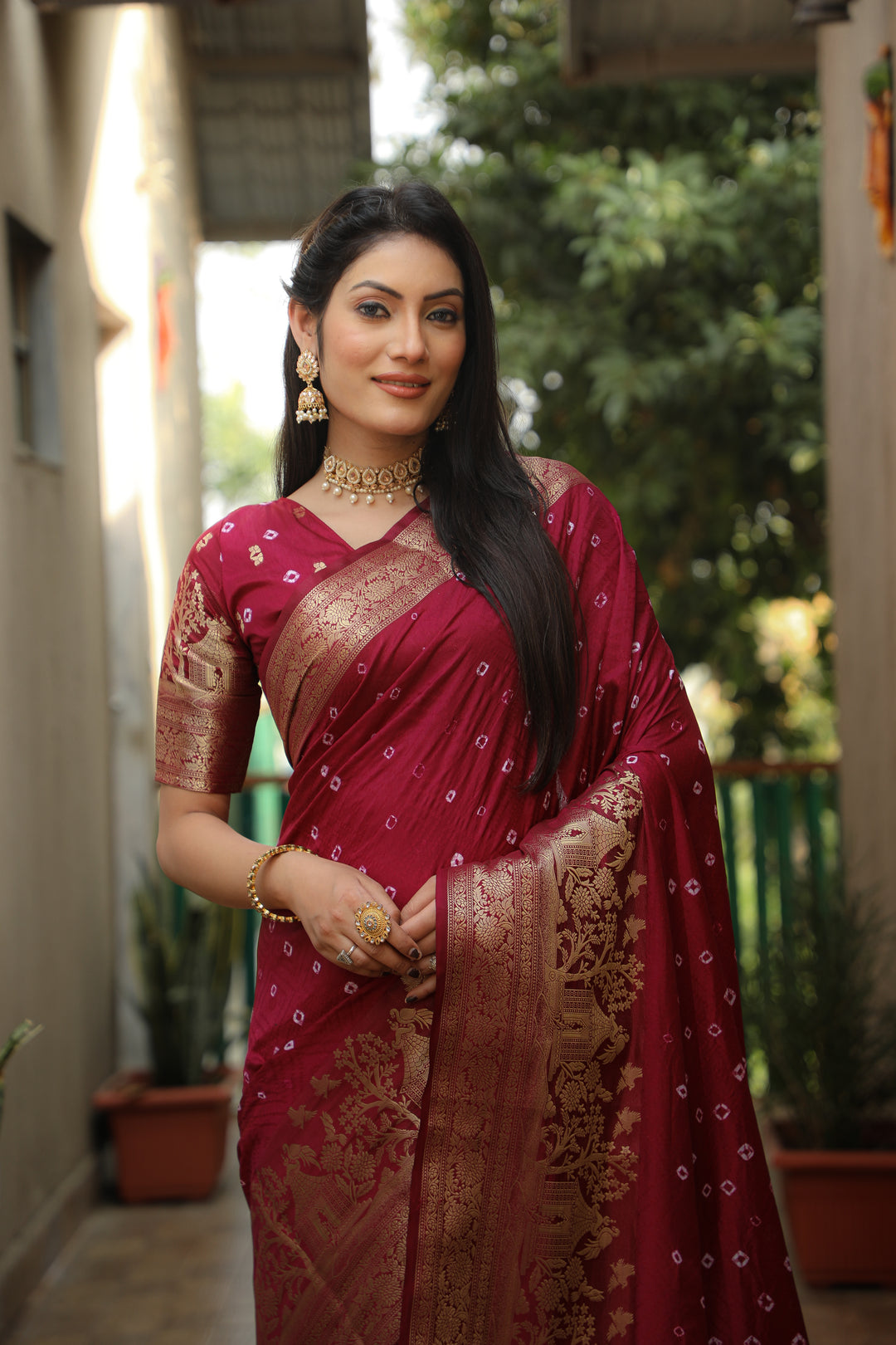 Wine Suvarna-3 Bandhej Kanjivaram silk saree And Kanjivaram Border with Zari Weaving Rich Pallu
