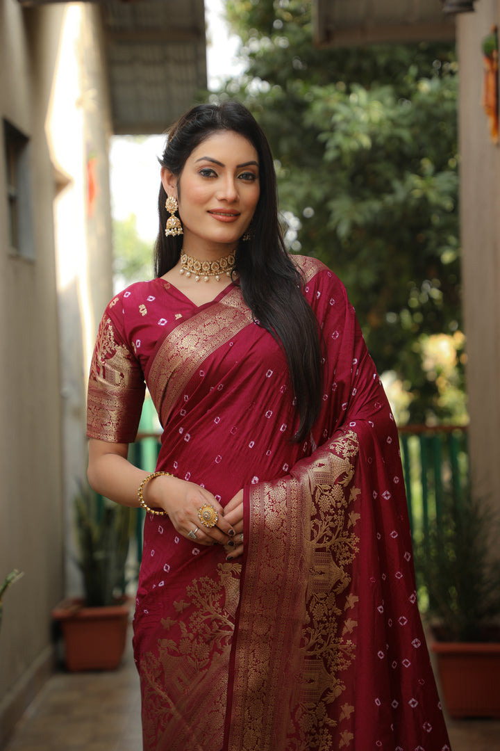 Wine Suvarna-3 Bandhej Kanjivaram silk saree And Kanjivaram Border with Zari Weaving Rich Pallu