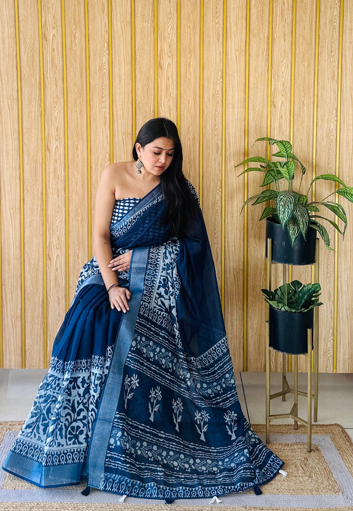 Royal Blue Aarya-4 Soft Linen Cotton Digital Print Sarees With Batik Print With Silver Border