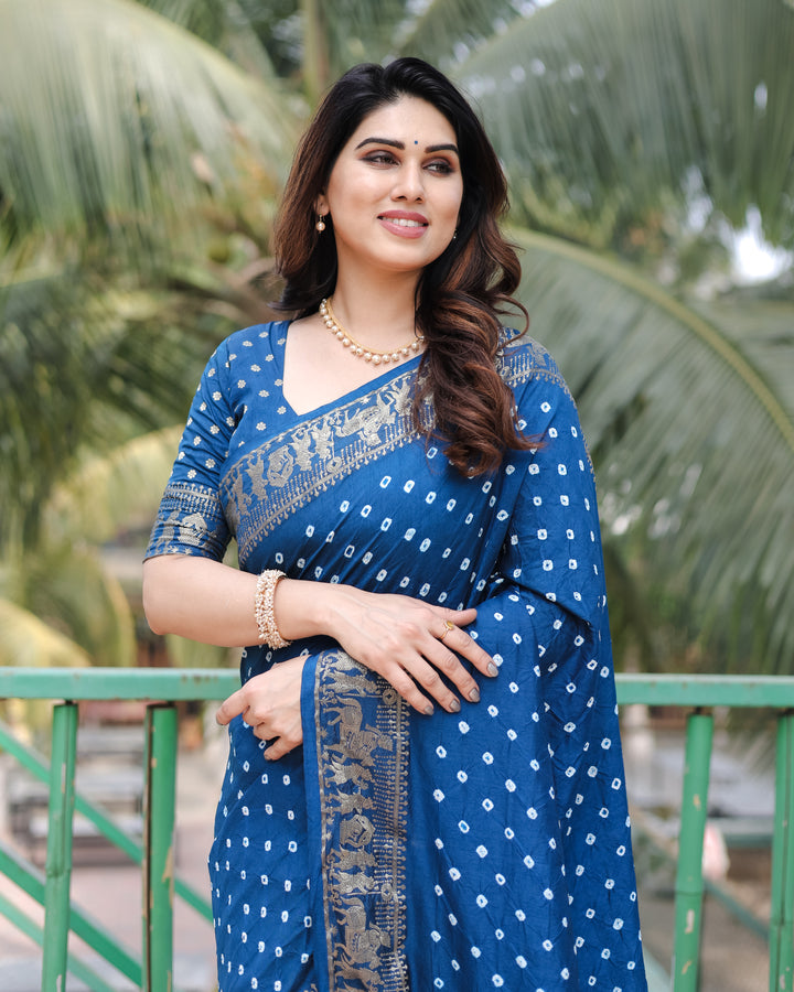 Navy Blue Mausami Pure Bandhej Silk Saree With Zari Weaving Border & Rich Pallu With Beautiful Design And Broad Border