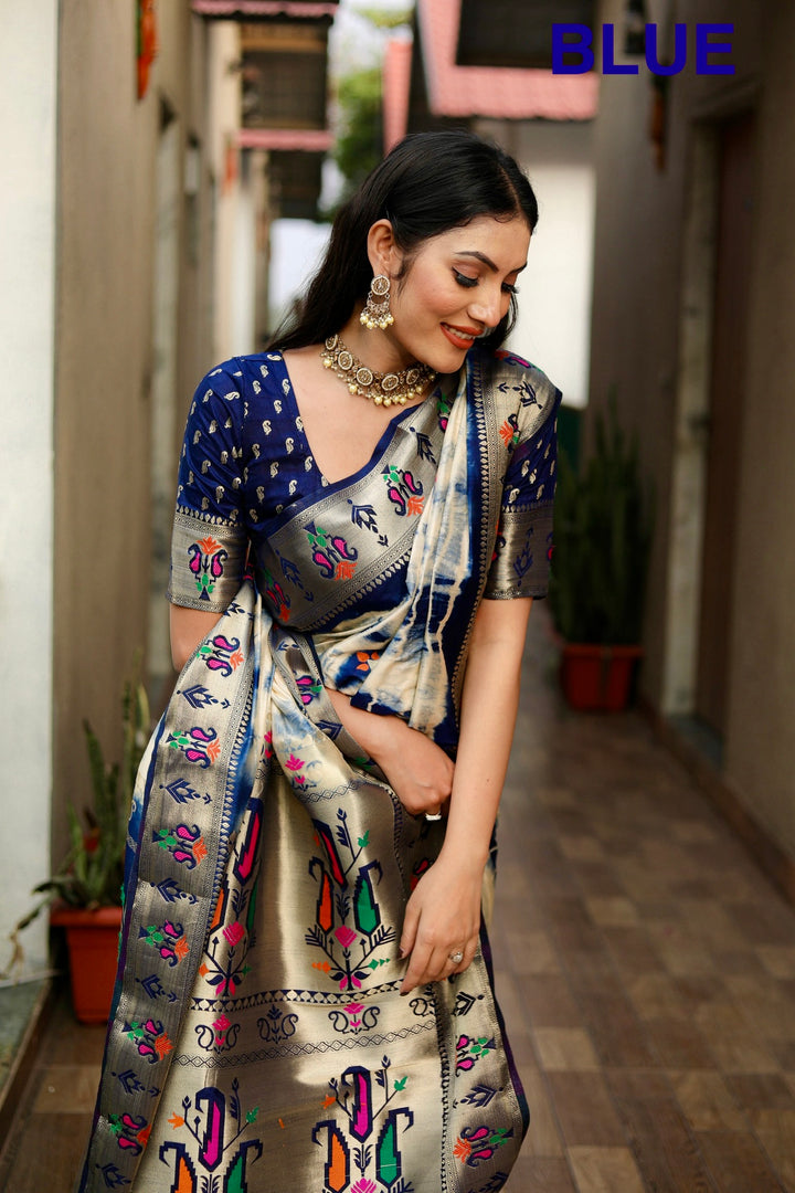 Blue Poonam Sibori Print Paithani Silk Sarees With Gold Zari Paithani Border & Contrast Rich Pallu