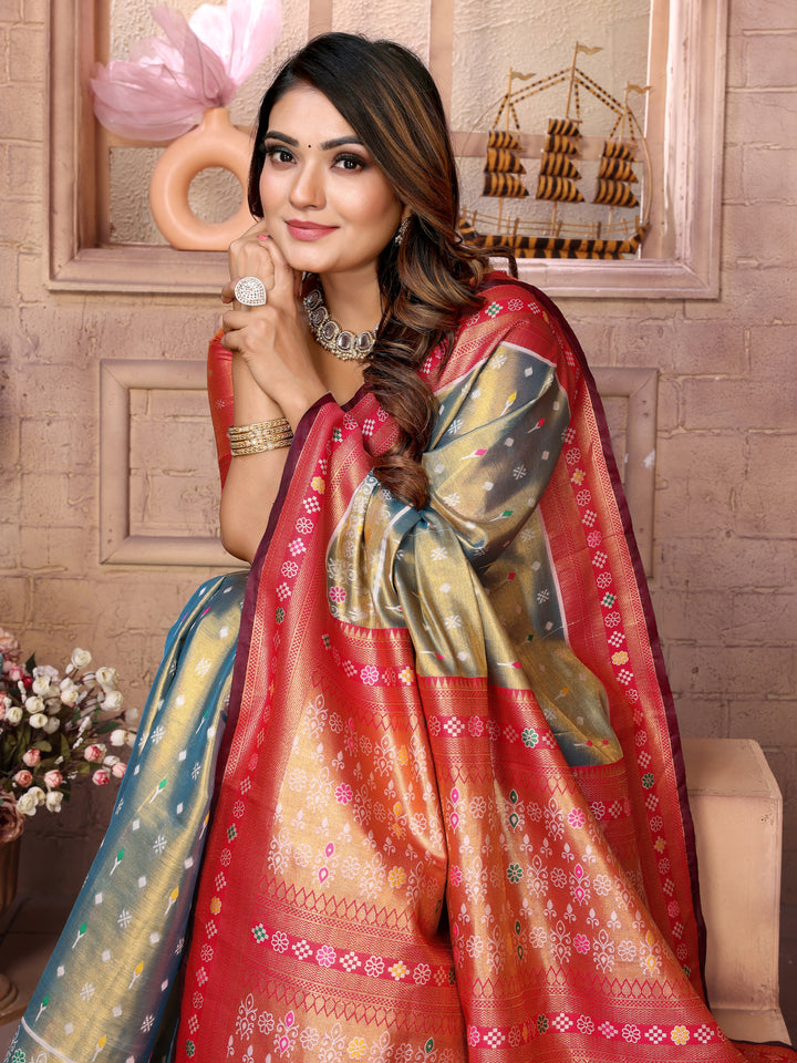 Rama-Green Tarveni Banarasi Tissue Silk (Patola weaving) Saree With Contrast Patola Woven Borders & Pallu