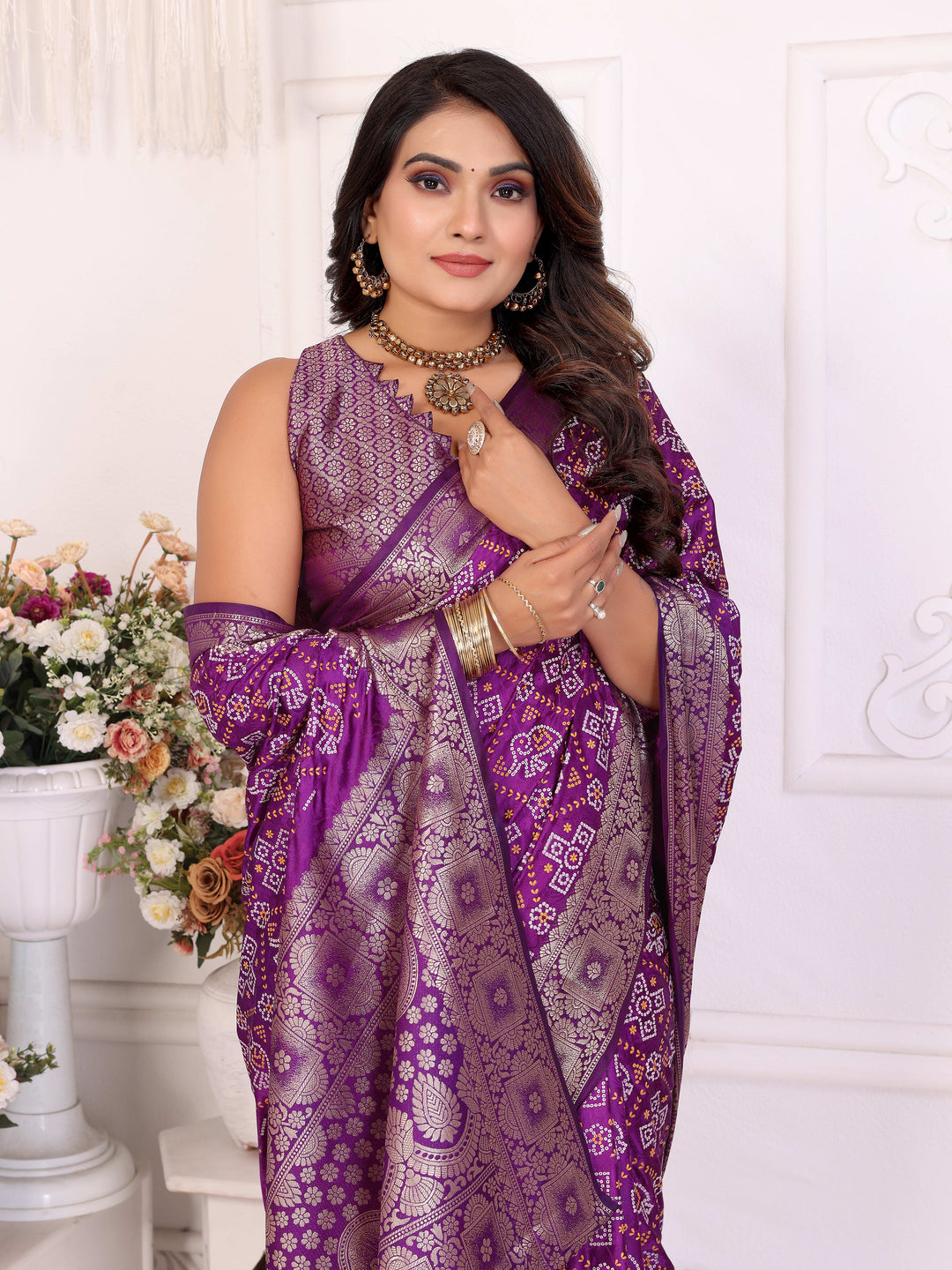 Purple Samshira Soft Satin Silk Bandhej Print Saree With Zari Border Design And Having Rich Pallu