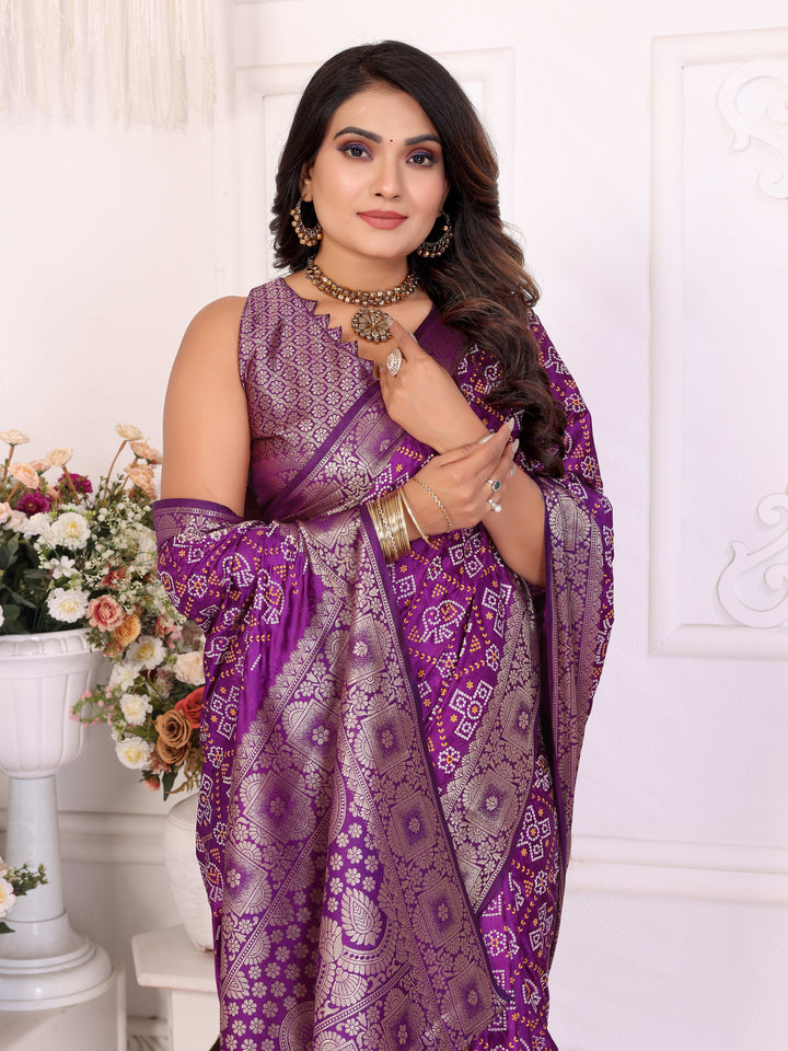 Purple Samshira Soft Satin Silk Bandhej Print Saree With Zari Border Design And Having Rich Pallu