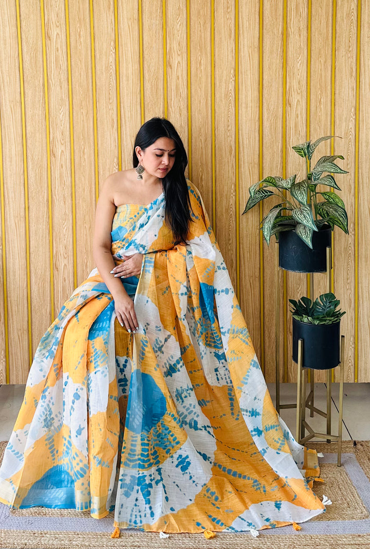 White Aarya-2 Soft Linen Cotton Digital Print Sarees With Batik Print With Silver Border