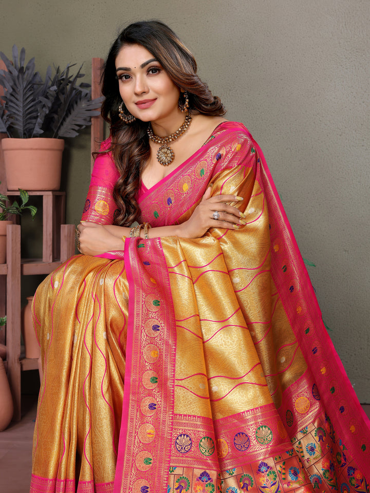 Yellow-Red Vasant Banarasi Tissue Silk Saree With Laheriya Woven Borders & Contrast Banarasi Pallu