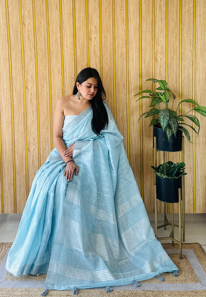 Sky Blue Sidhdhi Linen Soft And Smooth Sarees With Linning Weaving All Over Saree