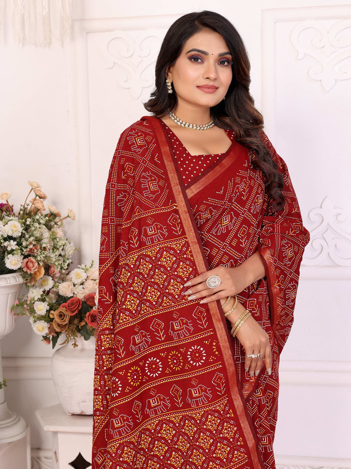 Red Ambika Pure Patola And Bandhej Pattern Soft Cotton Light Weight Saree
