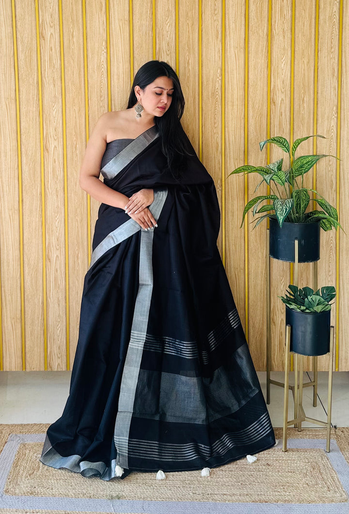 Black Amanat Linen Cotton Saree With Silver Jari Border And Silver Border Blouse