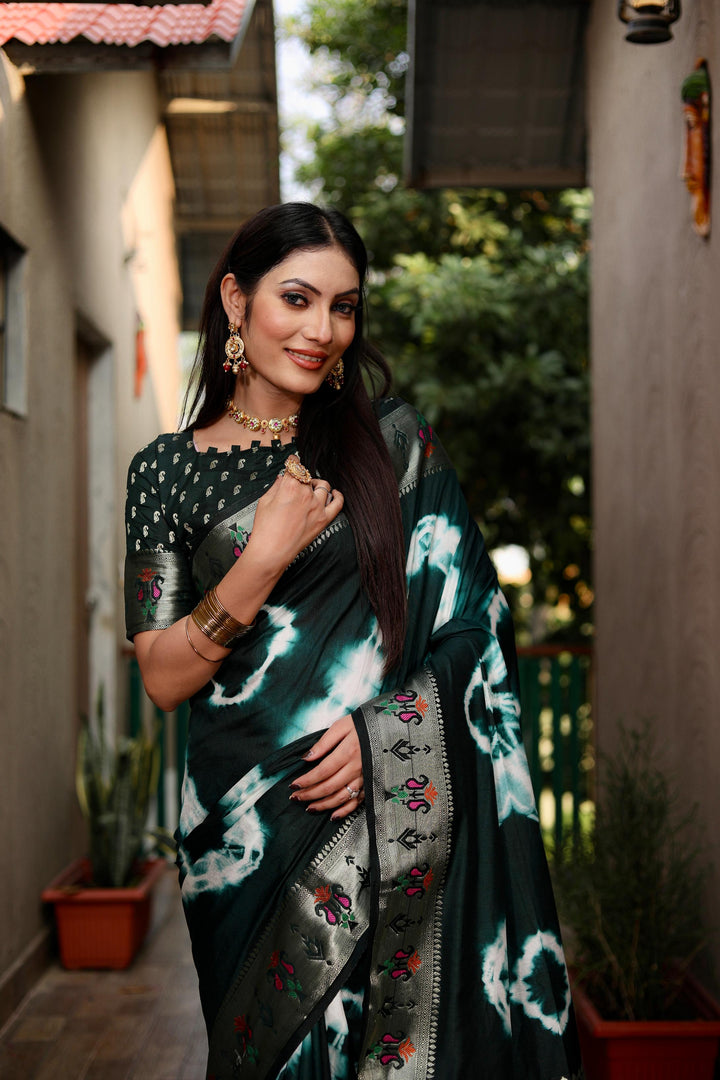 Green Vatika Sibori Print Paithani Silk Sarees With Gold Zari Paithani Border & Contrast Rich Pallu