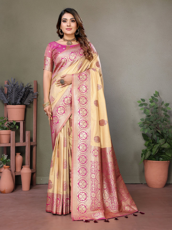 Pink Jugani Viscose Silky Sarees And weaving Butties with contrast border, Rich pallu