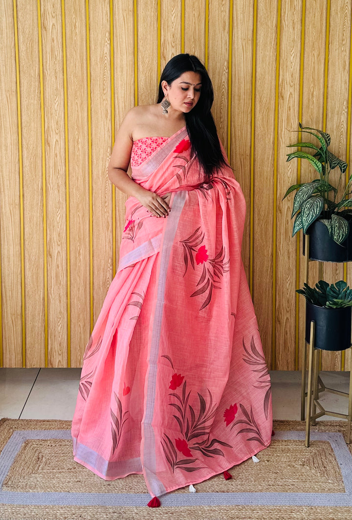 Peach Namrata Soft Linen Cotton Digital Print Sarees With Batik Print With Silver Border